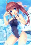  ahoge arena_(company) blue_eyes blue_sky blue_swimsuit brown_hair cloud commentary_request competition_swimsuit contrapposto covered_navel cowboy_shot day fang fence hair_ribbon highres long_hair looking_at_viewer one-piece_swimsuit open_mouth original outdoors pink_ribbon ribbon sky smile solo swimsuit umitonakai v water 