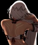  altera_(fate) back back_tattoo backlighting bandeau bangs bare_back bare_shoulders black_background black_nails dark_skin detached_sleeves facing_away fate/grand_order fate_(series) fingernails from_behind hand_in_hair headdress i-pan long_hair nail_polish simple_background solo straight_hair tan tattoo upper_body veil very_long_hair white_hair 