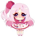  :d bangs blush chariko chibi chromatic_aberration commentary dress english_commentary eyebrows_visible_through_hair full_body hands_together knee_blush looking_at_viewer nose_blush open_mouth original parted_bangs pink_eyes pink_hair side_ponytail smile solo transparent_background v_arms white_dress 