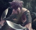  animal_ears cat_ears cat_tail dual_wielding foreshortening forest hair_over_one_eye hans_humpty highres holding knife looking_at_viewer male_focus nature open_mouth otaki55 outdoors rokka_no_yuusha solo tail torn_clothes tree yellow_eyes 