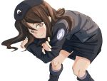  beret black_footwear black_hat black_jacket black_skirt boots brown_eyes brown_hair closed_mouth cross-laced_footwear crossed_arms emblem eyebrows_visible_through_hair girls_und_panzer hat jacket japanese_tankery_league_(emblem) lace-up_boots leaning_forward leaning_to_the_side long_hair long_sleeves looking_at_viewer megumi_(girls_und_panzer) military military_hat military_uniform miniskirt mituki_(mitukiiro) pencil_skirt selection_university_(emblem) selection_university_military_uniform simple_background sitting skirt smile solo uniform white_background white_pupils 