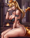  armlet bare_shoulders between_legs bikini black_bikini black_collar blonde_hair bowsette bracelet breasts cleavage collar commentary crown dress fire flowerxl from_side hand_between_legs hand_on_own_cheek horns indoors jewelry large_breasts mario_(series) new_super_mario_bros._u_deluxe pinup pointy_ears red_lips sitting smile spiked_armlet spiked_bracelet spiked_collar spiked_tail spikes strapless strapless_bikini super_crown swimsuit tail thighs underboob 