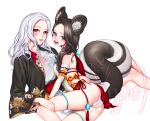  animal_ears ass asymmetrical_docking black_hair black_shirt blade_&amp;_soul blue_eyes breast_press commentary commission face-to-face hand_on_another's_leg hand_on_another's_waist highres inpel japanese_clothes kimono leaning_back lips long_hair lying lyn_(blade_&amp;_soul) multiple_girls obi on_side open_mouth panties raccoon_ears raccoon_tail red_eyes red_kimono sash shirt silver_hair sitting tail thigh_strap underwear white_kimono white_panties 