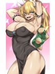  :d absurdres aqua_eyes arched_back armpit_crease armpits arms_behind_head arms_up bare_hips black_dress blonde_hair blush border bowsette breasts cleavage covered_navel covered_nipples crown dress eyebrows_visible_through_hair forked_eyebrows high_ponytail highleg highleg_dress highres horns impossible_clothes large_breasts long_hair looking_at_viewer mario_(series) new_super_mario_bros._u_deluxe open_mouth outside_border pelvic_curtain pink_background princess sapphire_(stone) shell shiny shiny_skin skindentation smile solo sparkle_background spike spiked_armlet spiked_shell strapless strapless_dress super_crown thick_eyebrows thick_thighs thighs turtle_shell urec white_border 