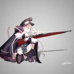  boots casing_ejection commentary dated full_body fur-trimmed_jacket fur_trim girls_frontline grey_background gun hat high_heels highres iron_cross jacket jacket_on_shoulders kar98k_(girls_frontline) long_hair long_sleeves masamune_(mathumbnail) mauser_98 one_knee peaked_cap red_eyes shadow shell_casing thigh_boots thighhighs twitter_username weapon white_hair 