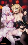  2girls :d adapted_costume arm_belt babydoll bare_shoulders black_legwear black_panties blonde_hair blush bow bowsette bracelet breast_press breasts claw_pose cleavage collar covered_navel crown cursive dress ear_piercing eyebrows_visible_through_hair fang frilled_collar frilled_dress frilled_gloves frilled_leotard frills garter_straps gem ghost_pose gloves hair_between_eyes highres horns jewelry large_breasts leg_between_thighs leotard long_hair long_tongue looking_at_viewer luigi's_mansion mario_(series) mini_crown multiple_girls navel new_super_mario_bros._u_deluxe open_mouth pale_skin panties piercing pink_bow pointy_ears ponytail princess_king_boo puffy_short_sleeves puffy_sleeves red_eyes short_sleeves showgirl_skirt shrug_(clothing) skirt smile sparkle spiked_bracelet spiked_collar spiked_shell spikes strapless strapless_leotard super_crown thighhighs tilted_headwear tongue tongue_out turtle_shell twitter_username underwear unmeinobasho v-shaped_eyebrows white_dress white_hair white_legwear white_leotard white_skirt 