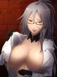  :p black_gloves breasts brick_wall celenike_icecolle_yggdmillennia collarbone detached_collar fate/apocrypha fate_(series) glasses gloves grey_hair huge_breasts jacket long_hair looking_at_viewer minami_koyogi open_clothes open_jacket ponytail semi-rimless_eyewear slit_pupils solo tongue tongue_out under-rim_eyewear undressing yellow_eyes 