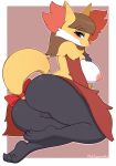  2018 anthro areola blue_eyes blush breasts brown_hair butt delphox digital_media_(artwork) eyelashes female hair hi_res inner_ear_fluff nintendo nipples pinkcappachino pok&eacute;mon pok&eacute;mon_(species) pussy ribbons signature simple_background smile solo tail_bow tail_ribbon video_games 