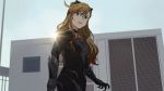  alternate_costume animal_ears bangs black_bodysuit black_panther_(marvel) black_panther_(marvel)_(cosplay) blonde_hair blue_eyes blue_sky blurry blurry_background bodysuit breasts captain_america_civil_war cat_ears claws cosplay cowboy_shot crossover day eyebrows_visible_through_hair fake_animal_ears heterochromia idolmaster jewelry leon_(idolmaster) long_hair marvel medium_breasts multicolored_hair necklace open_mouth outdoors parody purple_eyes shiny shiny_hair sky solo standing streaked_hair sun sunlight taku1122 