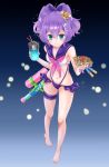  azur_lane barefoot blue_eyes breasts collarbone commentary_request crown drink food full_body hair_ornament hairclip javelin_(azur_lane) looking_at_viewer micchi_(umatankita) navel purple_hair simple_background solo water_gun yakisoba 