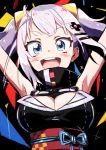  :d absurdres black_background blue_eyes blush breasts cleavage commentary_request d-pad d-pad_hair_ornament eyebrows_visible_through_hair hair_ornament hairclip hands_up highres kaguya_luna kaguya_luna_(character) large_breasts long_hair looking_at_viewer obi open_mouth purple_hair revision round_teeth sash smile solo tama_(tama-s) teeth twintails upper_body virtual_youtuber 