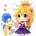  1girl :o bangs bare_shoulders black_collar black_dress blonde_hair blue_eyes blue_hair blush bouquet bowsette bracelet chibi chocolat_(momoiro_piano) closed_eyes collar commentary_request crown dress eyebrows_visible_through_hair fang flower hair_between_eyes hand_up heart holding holding_bouquet jewelry larry_koopa long_hair mario_(series) mini_crown new_super_mario_bros._u_deluxe open_mouth pink_flower ponytail simple_background spiked_bracelet spiked_collar spiked_shell spikes standing strapless strapless_dress super_crown turtle_shell very_long_hair white_background 