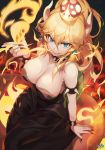  bare_shoulders black_collar black_dress black_leotard blonde_hair blue_eyes bowsette bracelet breasts breathing_fire cleavage collar commentary_request crown dress earrings fingernails fire highres horns jewelry kyjsogom large_breasts leotard long_hair looking_at_viewer mario_(series) new_super_mario_bros._u_deluxe pointy_ears ponytail sharp_fingernails sharp_teeth sitting solo spiked_armlet spiked_bracelet spiked_collar spiked_shell spiked_tail spikes strapless strapless_dress super_crown tail teeth turtle_shell 