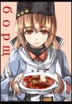  anchor black_bow blue_shawl borscht_(food) bow brown_hair commentary_request cyrillic eyebrows_visible_through_hair food hair_between_eyes hair_bow hair_ornament hairclip hat highres jacket kantai_collection long_hair looking_at_viewer orange_eyes papakha plate red_shirt russian russian_clothes scarf seitei_(04seitei) shawl shirt solo tashkent_(kantai_collection) torn_clothes twintails white_jacket white_scarf 