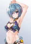  armpits arms_up blue_hair breasts character_request commentary_request cowboy_shot frame_arms_girl highres komatsu_eiji looking_at_viewer medium_breasts navel purple_eyes short_hair smile solo 