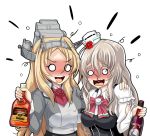 alcohol ascot blonde_hair blue_eyes bottle bow bowtie braid breasts commentary_request corset drunk french_braid grey_hair hair_between_eyes hat headgear highres kantai_collection large_breasts light_brown_hair long_hair long_sleeves military military_uniform mini_hat multiple_girls nelson_(kantai_collection) open_mouth pencil_skirt pola_(kantai_collection) red_neckwear shirt simple_background skirt smile thick_eyebrows tk8d32 uniform wavy_hair whiskey white_background white_shirt wine 