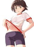  :o bangs bike_shorts black_shorts brown_eyes brown_hair cowboy_shot eyebrows_visible_through_hair flat_chest girls_und_panzer groin gym_shirt gym_uniform hand_on_hip isobe_noriko lifted_by_self looking_at_viewer mituki_(mitukiiro) navel open_mouth shirt shirt_lift short_hair short_shorts short_sleeves shorts simple_background solo standing t-shirt white_background white_pupils white_shirt 