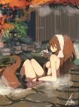  alcohol animal_ears bath brown_hair cup dripping highres lansane large_tail long_hair looking_at_viewer nude onsen original outdoors partially_submerged ripples sake steam tail towel towel_on_head tsana_(lansane) water wet wet_hair wet_tail wolf_tail 