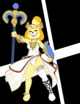  2018 4rch animal_crossing anthro breasts canine clothed clothing cosplay digital_media_(artwork) dog female fur hi_res humanoid isabelle_(animal_crossing) kid_icarus legwear mammal nintendo open_mouth palutena simple_background skirt solo standing tight_clothing video_games 