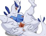  2018 anus blue_skin blush breasts clitoris female hand_on_butt legendary_pok&eacute;mon legs_up lugia lying mcfli nintendo nipples on_back open_mouth pok&eacute;mon pok&eacute;mon_(species) presenting presenting_pussy pussy pussy_juice solo spread_pussy spreading video_games white_skin 