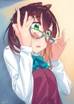  adjusting_eyewear blew_andwhite blue-framed_eyewear blush bow bowtie brown_hair commentary glasses glasses_day green_eyes highres kantai_collection long_sleeves looking_away multicolored_hair okinami_(kantai_collection) open_mouth short_hair solo two-tone_hair upper_body 