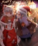  2girls absurdres bangs blue_gloves blue_scarf blunt_bangs blush bow brown_gloves brown_scarf christmas commentary_request door facing_another fujiwara_no_mokou gloves grin hair_bow hands_together hat highres indo_(mdtanaka2007) jacket kamishirasawa_keine lantern long_hair long_sleeves looking_at_another merry_christmas multiple_girls open_clothes open_jacket pants red_pants santa_hat scarf silver_hair smile snowing stairs star_(sky) suspenders touhou very_long_hair white_bow white_hair 