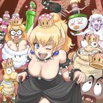  black_dress black_hair black_nails blonde_hair blue_eyes blush bowsette bowsette_jr. bracelet breasts bullet_bill character_request cleavage collar commentary crown dated dress dress_lift earrings eye_pop eyebrows_visible_through_hair fangs fireball goomba green_hair highres horns jewelry koopa_clown_car koopa_troopa lakitu long_hair luigi's_mansion mario_(series) multiple_girls nail_polish necklace new_super_mario_bros._u_deluxe open_mouth piranha_plant ponytail princess_chain_chomp princess_king_boo profitshame red_eyes sharp_teeth spiked_armlet spiked_bracelet spiked_collar spiked_shell spikes spiny super_crown super_mario_bros. sweat sweating_profusely teeth tongue tongue_out trembling turtle_shell warp_pipe white_hair 