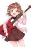  :d bang_dream! bass_guitar blush brown_eyes brown_hair brown_skirt cardigan commentary_request eyebrows_visible_through_hair half_updo highres holding holding_instrument imai_lisa instrument long_sleeves naitou_kirara open_mouth pink_cardigan ponytail shirt short_hair simple_background skirt smile solo white_background white_shirt younger 