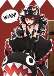  animal_ear_fluff animal_ears arano_oki bangs bare_shoulders black_dress black_gloves black_hair breast_squeeze breasts chain chain_chomp cleavage commentary_request crown cuffs dress elbow_gloves eyebrows_visible_through_hair gloves hair_between_eyes highres long_hair looking_at_viewer mario_(series) medium_breasts mini_crown new_super_mario_bros._u_deluxe open_mouth princess_chain_chomp romaji sharp_teeth sleeveless sleeveless_dress super_crown teeth tilted_headwear very_long_hair wolf_ears 