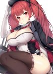  ass azur_lane bangs black_jacket black_legwear black_ribbon blush breasts brown_legwear cleavage closed_mouth collarbone commentary_request curvy dress elbow_gloves eyebrows_visible_through_hair gloves hair_ribbon hand_on_headwear hat honolulu_(azur_lane) jacket jacket_on_shoulders large_breasts long_hair looking_at_viewer open_clothes open_jacket peaked_cap red_eyes red_hair ribbon short_dress sidelocks simple_background skindentation solo taut_clothes taut_dress thighhighs thighs twintails white_background white_gloves yuzu-aki 