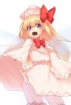  :d bangs blonde_hair bloomers blue_eyes blush bow bowtie commentary_request cowboy_shot dress eyebrows_visible_through_hair fairy_wings hair_between_eyes hat hat_bow kaiza_(rider000) lily_white long_sleeves looking_at_viewer open_mouth red_bow red_neckwear sash simple_background smile solo standing touhou underwear white_background white_bloomers white_dress white_hat white_sash wide_sleeves wings 