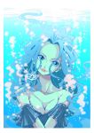  bare_shoulders blue_eyes blue_hair border breasts cleavage frills head_tilt highres large_breasts lipstick long_hair makeup nefertari_vivi one_piece pink_lips pink_lipstick portrait sherumaru_(korcht06) signature smile solo submerged underwater water white_border 