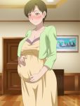  1girl blush breasts brown_hair cleavage closed_mouth cowboy_shot door dress floor green_jacket hands_on_own_stomach highres indoors jacket kurumada_kumiko large_breasts looking_down makino_tomoyasu milf picture_(object) pregnant short_hair smile solo standing tomica_hyper_rescue_drive_head:_kidou_kyuukyuu_keisatsu wall yellow_dress yellow_eyes 