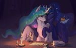  2018 blue_fur book cake candle dark_room equine eyes_closed feathers female fire food friendship_is_magic fur hair hooves horn kraaishaa loose_feather magic mammal my_little_pony one_eye_closed paper princess_celestia_(mlp) princess_luna_(mlp) quill sibling sisters white_fur window winged_unicorn wings 