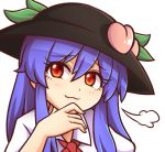  :3 =3 bangs black_hat blue_hair blush commentary commission english_commentary eyebrows_visible_through_hair food fruit hair_between_eyes hand_on_own_chin hand_up hat head_tilt hinanawi_tenshi leaf long_hair looking_at_viewer peach portrait puffy_short_sleeves puffy_sleeves red_eyes red_neckwear shirt short_sleeves sidelocks simple_background solo touhou white_background white_shirt wing_collar wool_(miwol) 