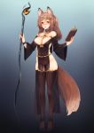  animal_ears arm_belt barbariank bare_shoulders book borrowed_character breasts brown_hair collar collarbone commentary commission english_commentary eyebrows_visible_through_hair fox_ears fox_girl fox_tail full_body gradient gradient_background high_heels highres holding holding_book holding_staff jewelry kiyone large_breasts long_hair looking_at_viewer no_panties off_shoulder orange_eyes original parted_lips pelvic_curtain ponytail simple_background slit_pupils smile solo staff tail thighhighs wide_sleeves 