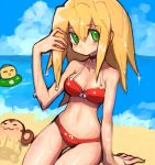  :3 absurdres animal arm_support beach bikini blonde_hair blush breasts capcom cleavage cloud commentary_request dakusuta data_(rockman_dash) day dripping eyebrows_visible_through_hair green_eyes hair_between_eyes highres innertube kobun long_hair monkey ocean red_bikini robot rockman rockman_dash roll_caskett sitting sky solo summer swimsuit water water_drop wet wet_hair 