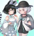  absurdres adapted_costume alternate_color alternate_costume alternate_hair_color animal_ears backpack bag belt black_hair blue_eyes bow bowtie choir_(artist) choker commentary detached_sleeves elbow_gloves eyebrows_visible_through_hair feathers gloves helmet high-waist_skirt highres kaban_(kemono_friends) kemono_friends multicolored_hair multiple_girls pantyhose pith_helmet puffy_short_sleeves puffy_sleeves purple_eyes sailor_collar serval_(kemono_friends) serval_ears serval_print serval_tail short_hair short_sleeves skirt sleeveless tail white_hair 