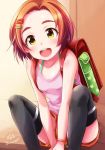  backpack bag black_legwear brown_eyes brown_hair brown_shorts commentary_request hair_ornament hairclip haruhata_mutsuki haruhina0104 idolmaster idolmaster_cinderella_girls looking_at_viewer open_mouth pink_tank_top randoseru ryuuzaki_kaoru short_hair short_shorts shorts smile solo spread_legs tank_top thighhighs 