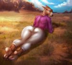  anthro barefoot big_butt braided_hair brown_fur butt cervine clothed clothing eleacat female fur grey_eyes hair horn jeans long_sleeve looking_at_viewer looking_back lying mammal on_front outside pants shirt solo thick_thighs tight_clothing wide_hips 