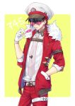  armlet belt black_hair candy commentary_request cowboy_shot ear_clip food fur_trim gen_7_pokemon glasses gloves grey_neckwear hand_in_pocket hand_up hat jacket kasuka108 leg_belt lollipop looking_at_viewer lycanroc male_focus necktie pants personification pink-tinted_eyewear pokemon red_eyes red_hair red_jacket red_pants shirt silver_trim simple_background standing tie_clip tinted_eyewear white_belt white_gloves white_hat white_shirt wristband yellow_background 