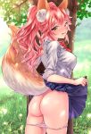  8_(siihachi) animal_ear_fluff animal_ears ass blush bottomless breasts day fate/extella fate/extra fate/grand_order fate_(series) fox_ears fox_girl fox_tail highres large_breasts long_hair looking_at_viewer number open_mouth outdoors panties panty_pull pink_hair pink_panties school_uniform shirt skirt solo tail tamamo_(fate)_(all) tamamo_jk_(fate) tree twintails underwear yellow_eyes 