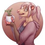  2018 alpha_channel anthro breasts brown_eyes cactus clothed clothing coffee_mug colored_nails cup cute digital_media_(artwork) dirt ear_piercing eyewear facial_piercing female glasses glo glopossum hair holding_cup holding_object lavender_hair looking_at_viewer mammal marsupial nails nose_piercing nose_ring open_mouth opossum piercing plant ponytail portrait shawl shirt simple_background smile solo teeth transparent_background 
