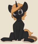  :3 black_fur equine feral fur hair horn looking_at_viewer male mammal marsminer my_little_pony on_haunches orange_hair simple_background sitting solo tan_background unicorn 
