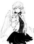  1_wing breasts clothed clothing feathered_wings feathers female greyscale hair hand_on_hip humanoid jacket monochrome not_furry nyong_nyong sagume_kishin shirt short_hair sketch skirt smile solo touhou winged_humanoid wings 