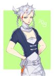  earrings flat_chest gloves green_background grey_eyes grey_gloves hands_on_hips horns jewelry kartana kasuka108 looking_at_viewer open_mouth personification pokemon silver_hair standing x_x 