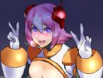  1girl android blue_eyes blush breasts cleavage double_v drooling female framed_breasts gloves grey_background hair_between_eyes hand_gesture headgear heart heart-shaped_pupils large_breasts looking_at_viewer lowres microphone multicolored_hair nana_(rockman_x) open_mouth pink_hair rockman rockman_x rockman_x_command_mission saliva short_hair simple_background smile solo symbol-shaped_pupils two-tone_hair ukimukai upper_body v white_gloves white_hair 