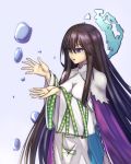  bangs black_hair breasts bubble cape cowboy_shot elfenlied22 eyebrows_visible_through_hair hair_between_eyes highres houshin_engi large_breasts long_hair open_hands outstretched_hand palms purple_cape purple_eyes ryuukitsu_koushu simple_background solo water wide_sleeves 