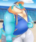  bake_gosut belly blush clothed clothing crocodile crocodilian hat hoodie makara male overweight overweight_male pants_down partially_clothed reptile scalie slightly_chubby speedo swimsuit teasing tokyo_afterschool_summoners tongue undressing 