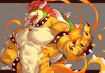  2018 abs biceps bowser collar digital_media_(artwork) fire hair horn koopa looking_at_viewer male mario_bros muscular navel nintendo open_mouth pecs rabbity scalie simple_background smile solo spiked_collar spikes standing teeth video_games 
